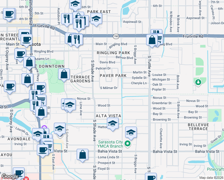 map of restaurants, bars, coffee shops, grocery stores, and more near 2513 Novus Street in Sarasota