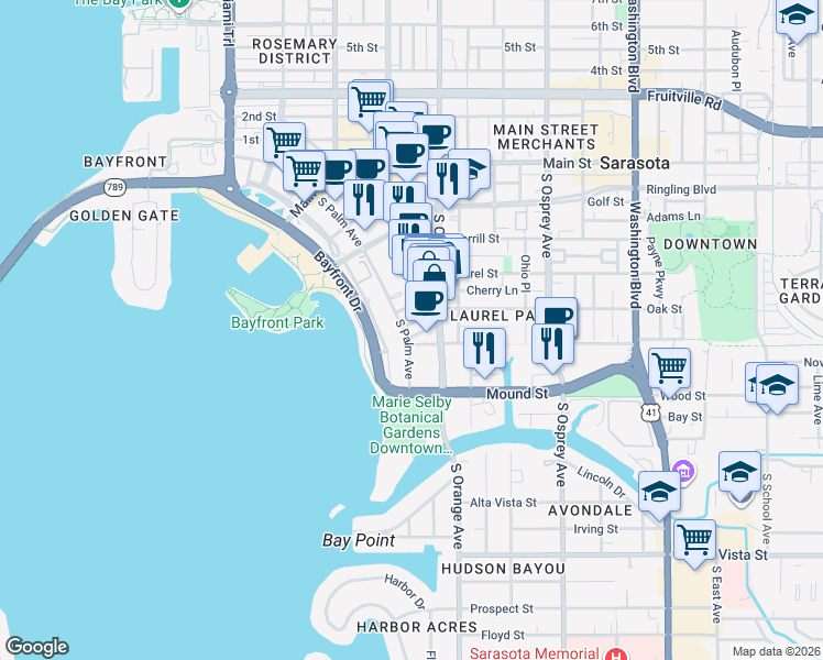 map of restaurants, bars, coffee shops, grocery stores, and more near 615 South Palm Avenue in Sarasota