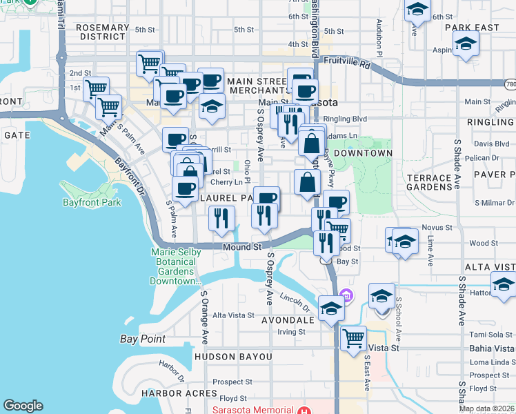 map of restaurants, bars, coffee shops, grocery stores, and more near 694 South Osprey Avenue in Sarasota