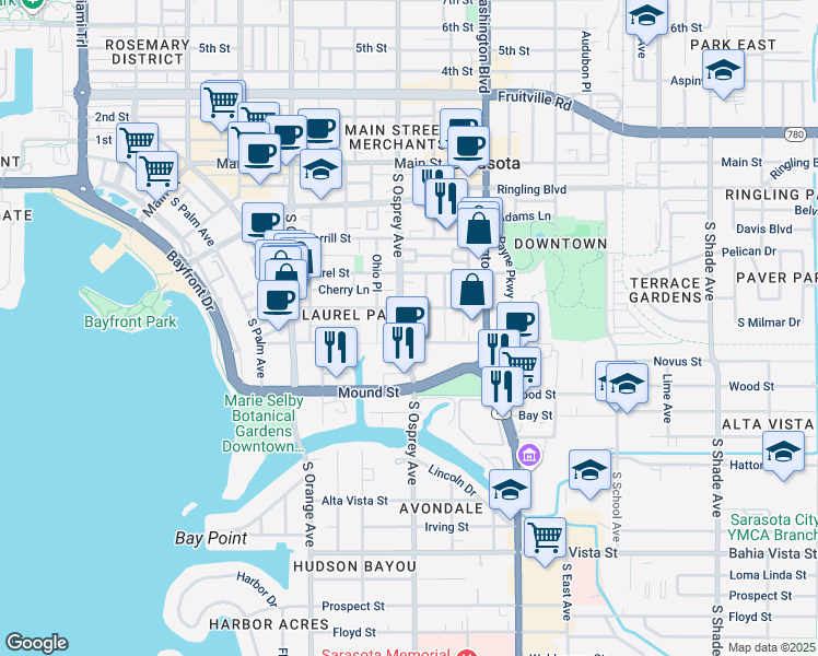 map of restaurants, bars, coffee shops, grocery stores, and more near 694 South Osprey Avenue in Sarasota