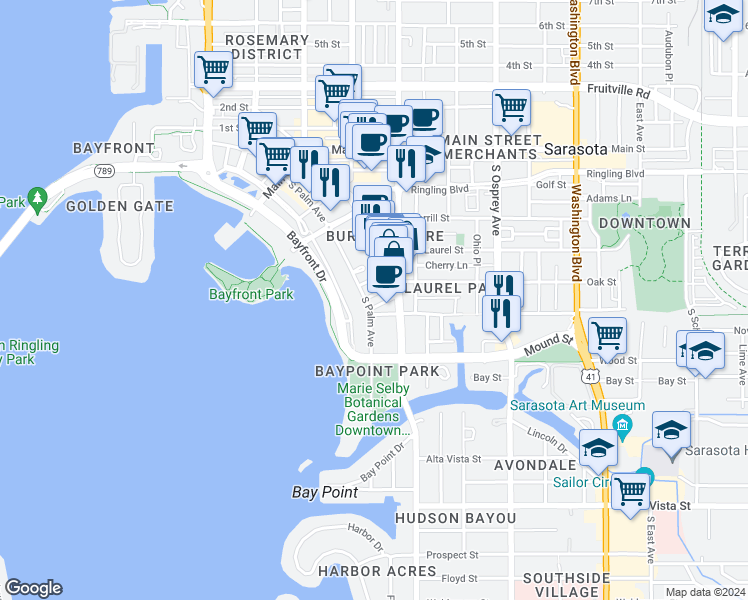 map of restaurants, bars, coffee shops, grocery stores, and more near 700 South Orange Avenue in Sarasota