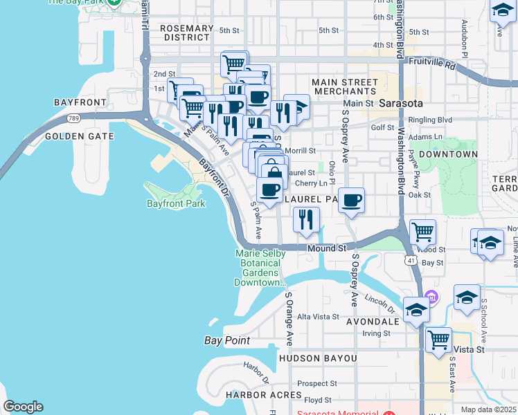 map of restaurants, bars, coffee shops, grocery stores, and more near 707 South Gulfstream Avenue in Sarasota
