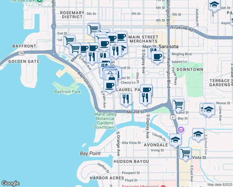 map of restaurants, bars, coffee shops, grocery stores, and more near 1646 Alderman Street in Sarasota