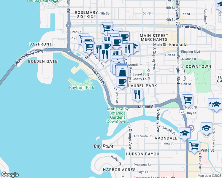 map of restaurants, bars, coffee shops, grocery stores, and more near 329 South Palm Avenue in Sarasota