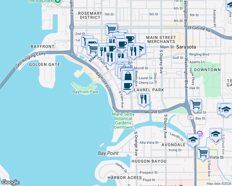 map of restaurants, bars, coffee shops, grocery stores, and more near 329 South Palm Avenue in Sarasota