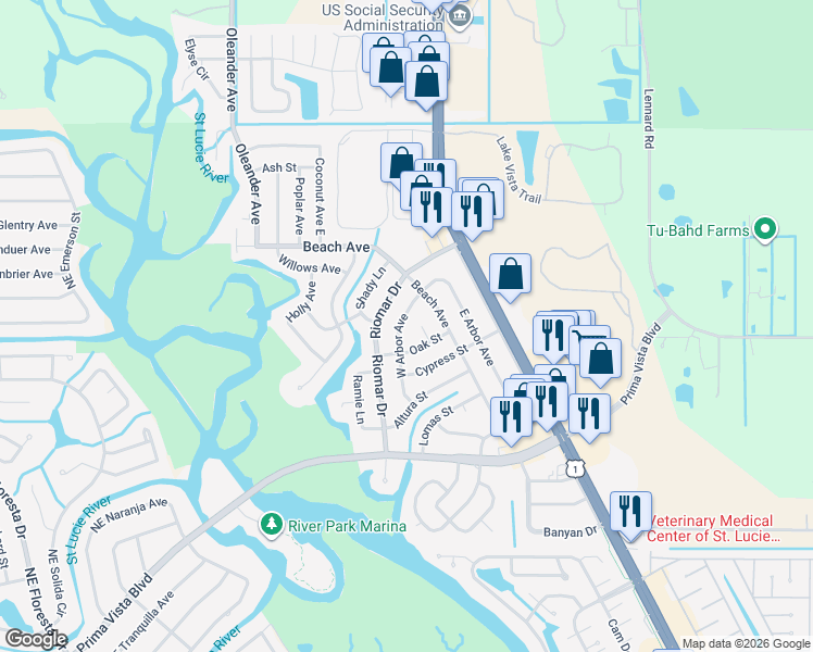 map of restaurants, bars, coffee shops, grocery stores, and more near 209 West Arbor Avenue in Port St. Lucie