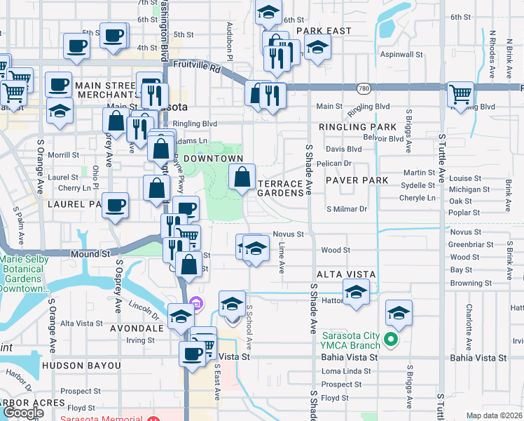 map of restaurants, bars, coffee shops, grocery stores, and more near 581 South School Avenue in Sarasota