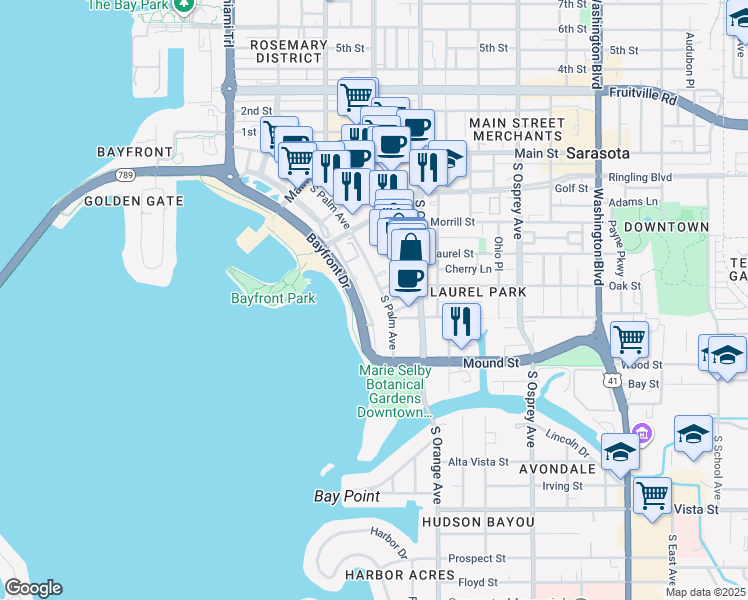 map of restaurants, bars, coffee shops, grocery stores, and more near 555 South Gulfstream Avenue in Sarasota