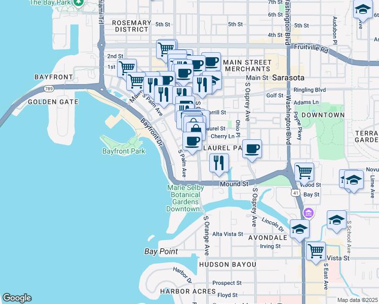 map of restaurants, bars, coffee shops, grocery stores, and more near 1526 Oak Street in Sarasota