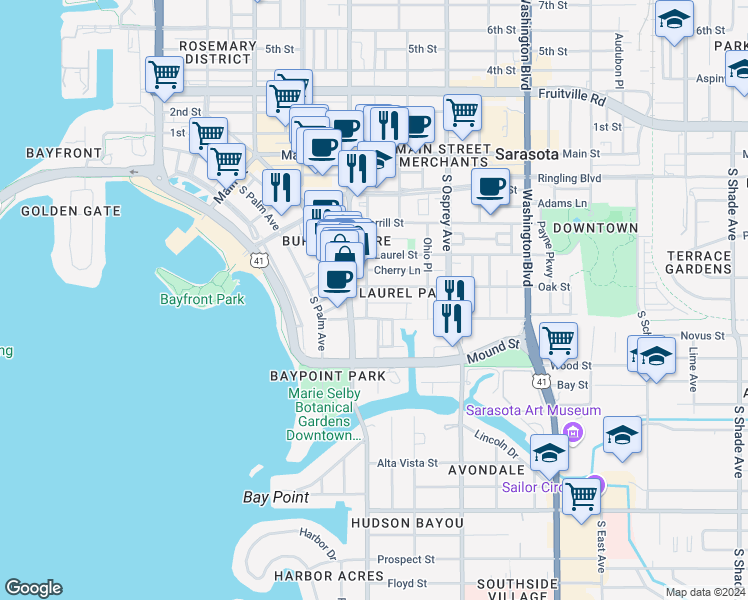 map of restaurants, bars, coffee shops, grocery stores, and more near 1647 Oak Street in Sarasota