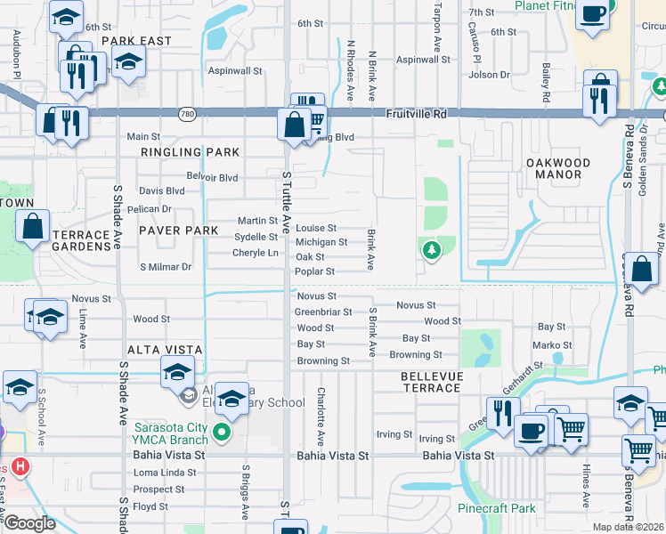 map of restaurants, bars, coffee shops, grocery stores, and more near 2897 Oak Street in Sarasota