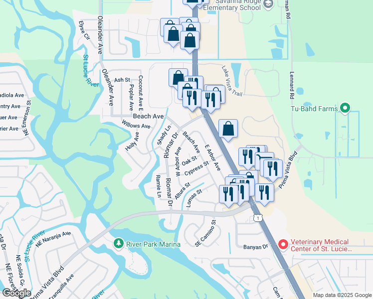 map of restaurants, bars, coffee shops, grocery stores, and more near 218 Beach Avenue in Port St. Lucie