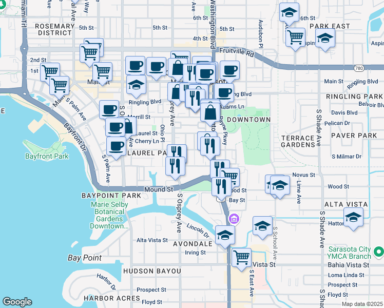 map of restaurants, bars, coffee shops, grocery stores, and more near 1873 Oak Street in Sarasota