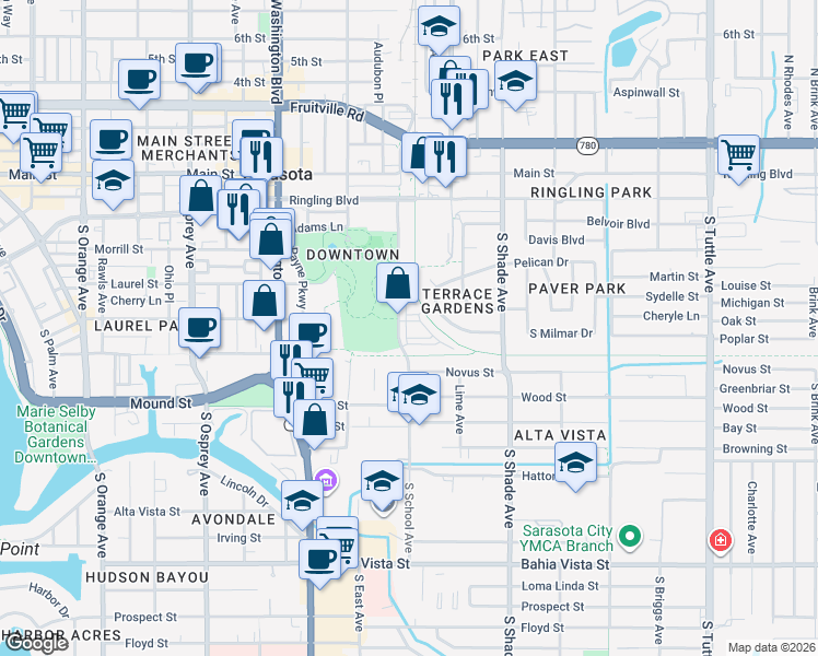 map of restaurants, bars, coffee shops, grocery stores, and more near 581 South School Avenue in Sarasota