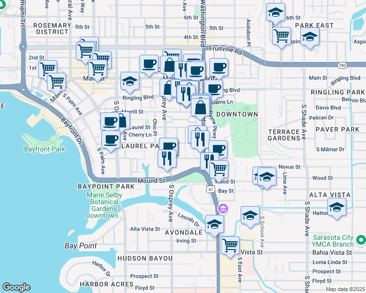 map of restaurants, bars, coffee shops, grocery stores, and more near 1876 Oak Street in Sarasota