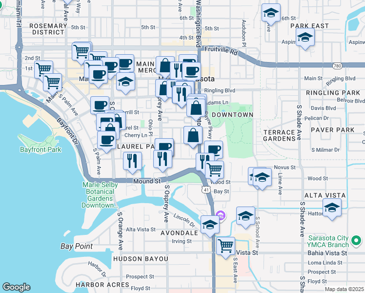 map of restaurants, bars, coffee shops, grocery stores, and more near 1873 Oak Street in Sarasota