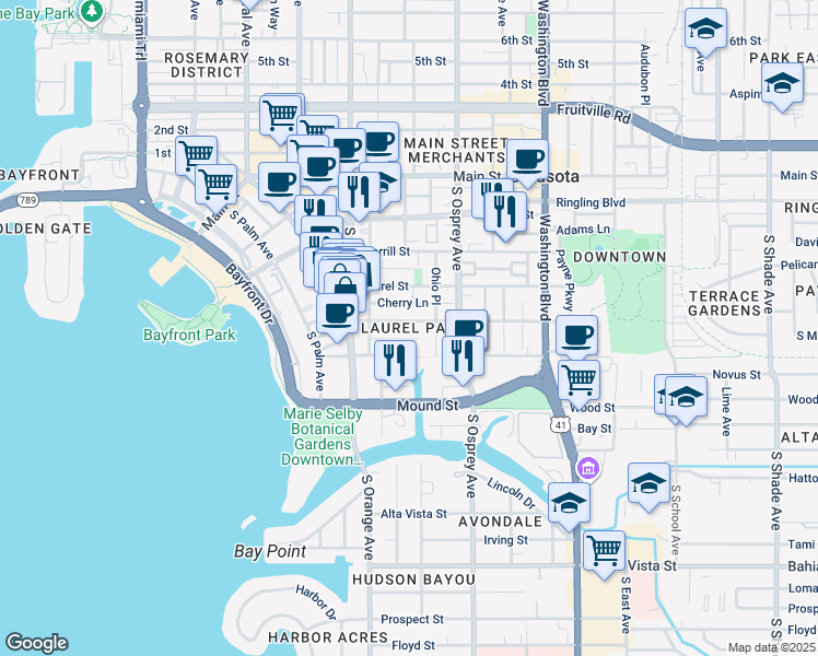 map of restaurants, bars, coffee shops, grocery stores, and more near 1702 Oak Street in Sarasota