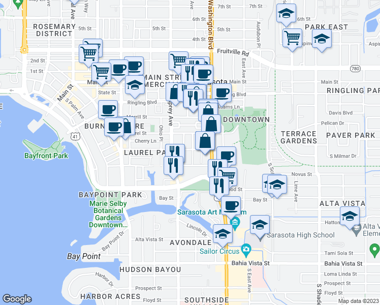 map of restaurants, bars, coffee shops, grocery stores, and more near 1876 Oak Street in Sarasota