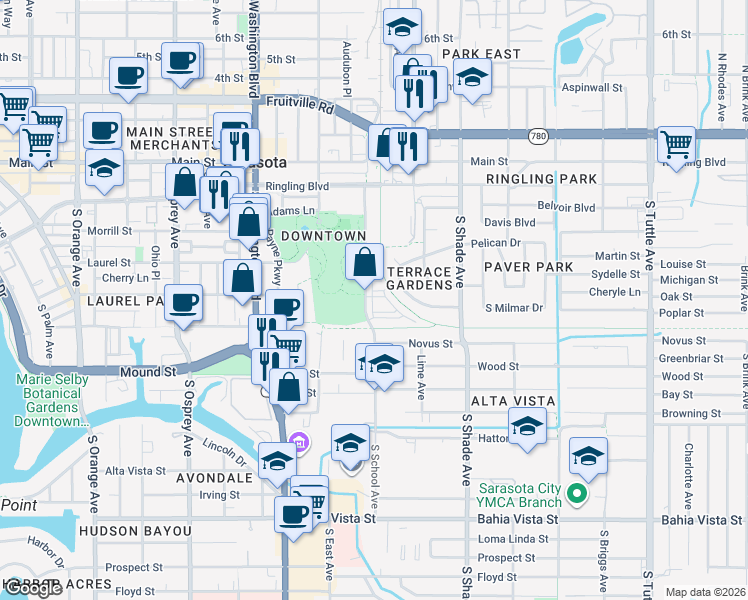 map of restaurants, bars, coffee shops, grocery stores, and more near 581 South School Avenue in Sarasota