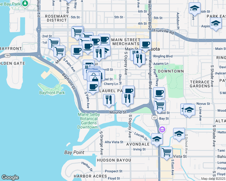 map of restaurants, bars, coffee shops, grocery stores, and more near in Sarasota