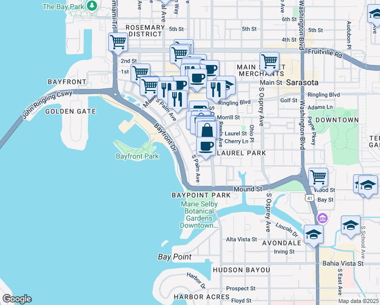 map of restaurants, bars, coffee shops, grocery stores, and more near 329 South Palm Avenue in Sarasota