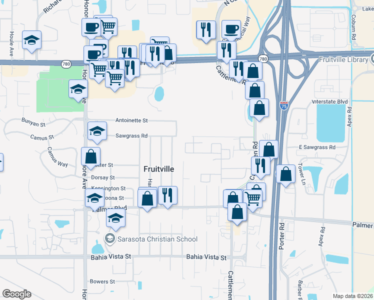 map of restaurants, bars, coffee shops, grocery stores, and more near 5728 Cape Primrose Drive in Sarasota