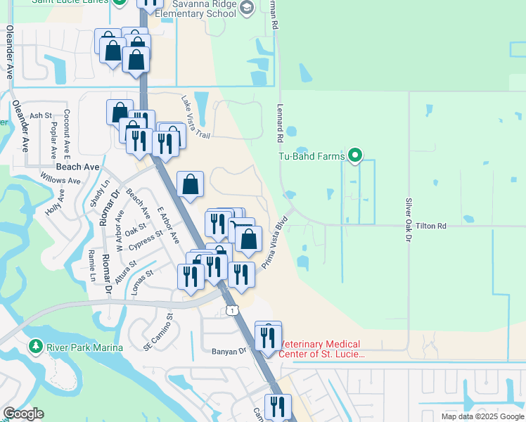 map of restaurants, bars, coffee shops, grocery stores, and more near 7779 Pine Lakes Boulevard in Port St. Lucie