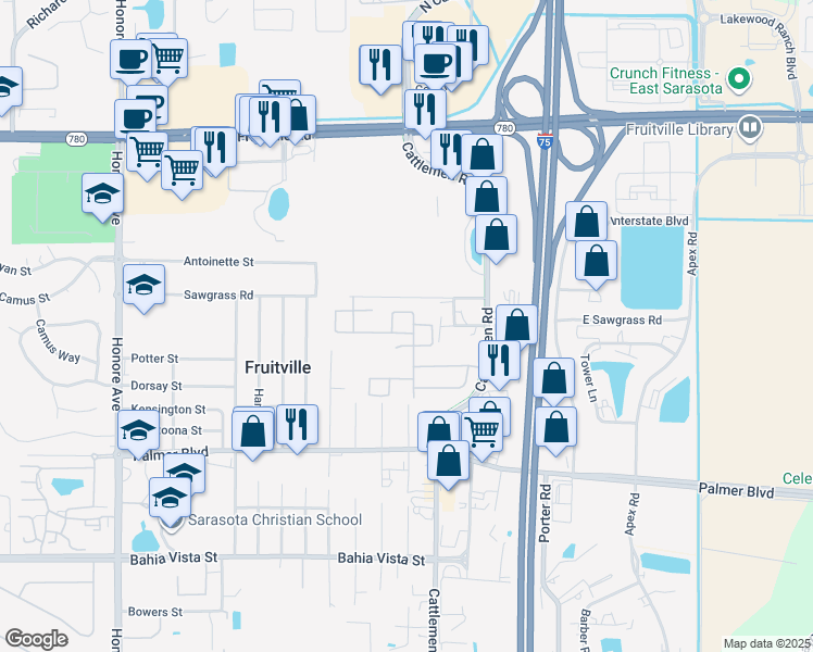 map of restaurants, bars, coffee shops, grocery stores, and more near 5855 Elegant Orchid Way in Sarasota