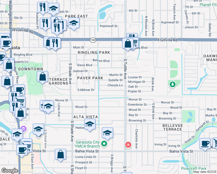 map of restaurants, bars, coffee shops, grocery stores, and more near 2656 Cheryle Lane in Sarasota