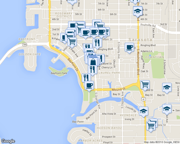 map of restaurants, bars, coffee shops, grocery stores, and more near 556 South Pineapple Avenue in Sarasota