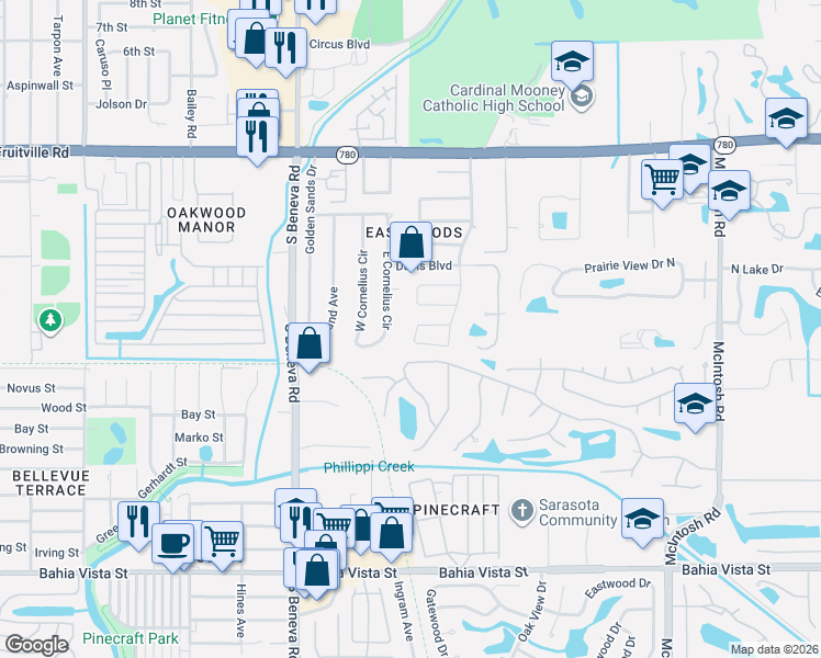 map of restaurants, bars, coffee shops, grocery stores, and more near 3828 Hawkeye Circle in Sarasota