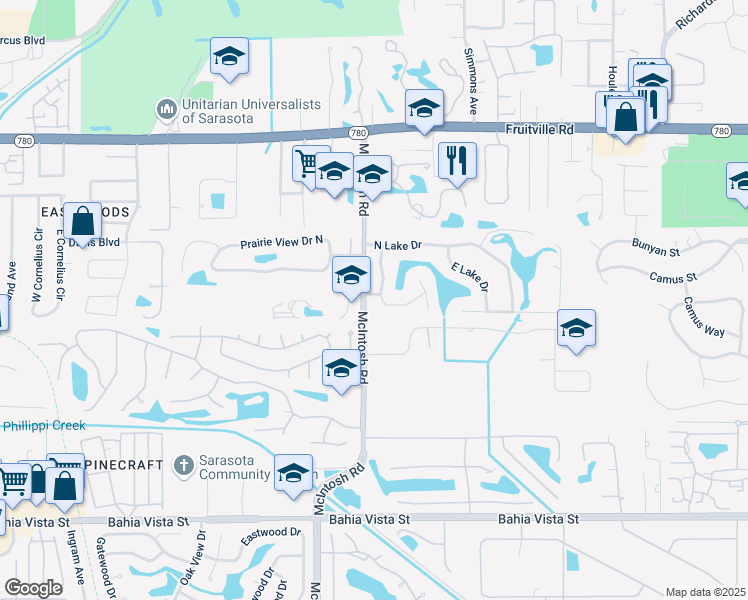 map of restaurants, bars, coffee shops, grocery stores, and more near 4400 West Lake Way in Sarasota