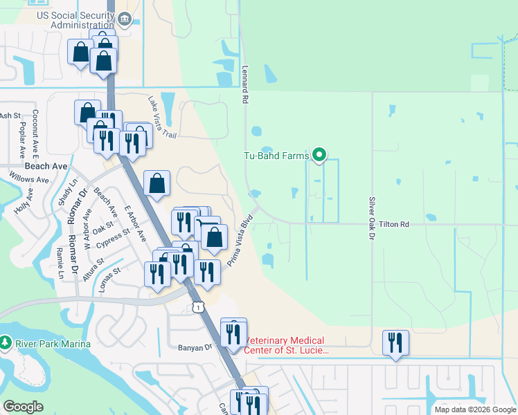 map of restaurants, bars, coffee shops, grocery stores, and more near 800-904 Tilton Rd in Port St Lucie