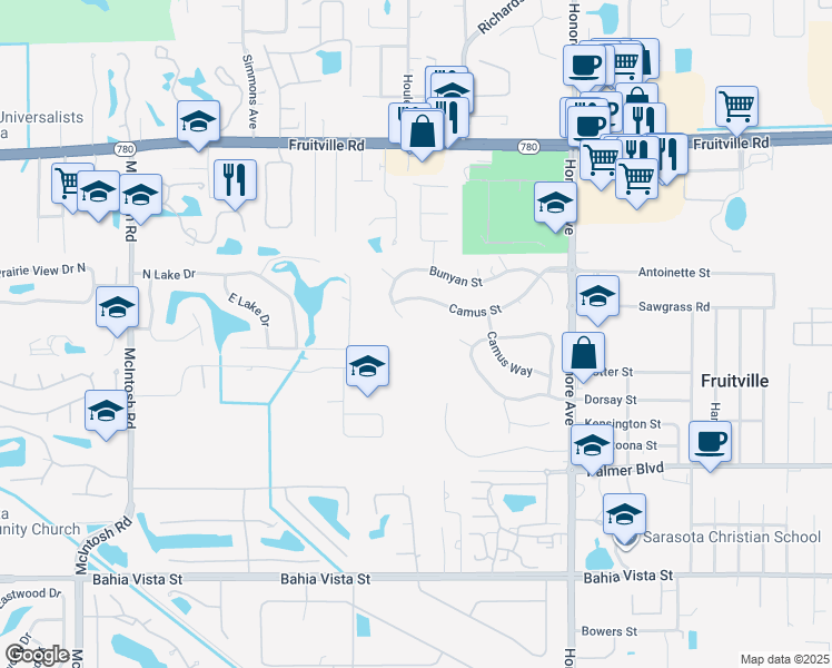 map of restaurants, bars, coffee shops, grocery stores, and more near 4800 Bunyan Street in Sarasota