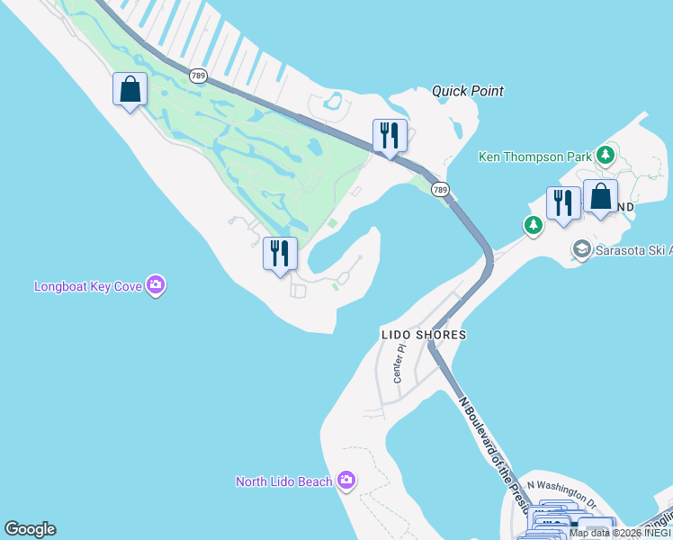 map of restaurants, bars, coffee shops, grocery stores, and more near 65 Lighthouse Point Drive in Longboat Key