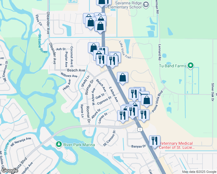 map of restaurants, bars, coffee shops, grocery stores, and more near 214 East Arbor Avenue in Port St. Lucie
