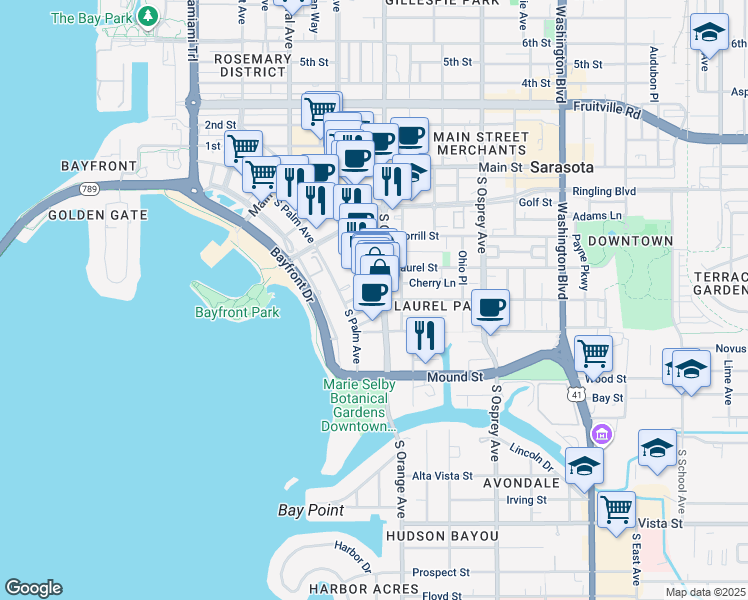 map of restaurants, bars, coffee shops, grocery stores, and more near 556 South Pineapple Avenue in Sarasota