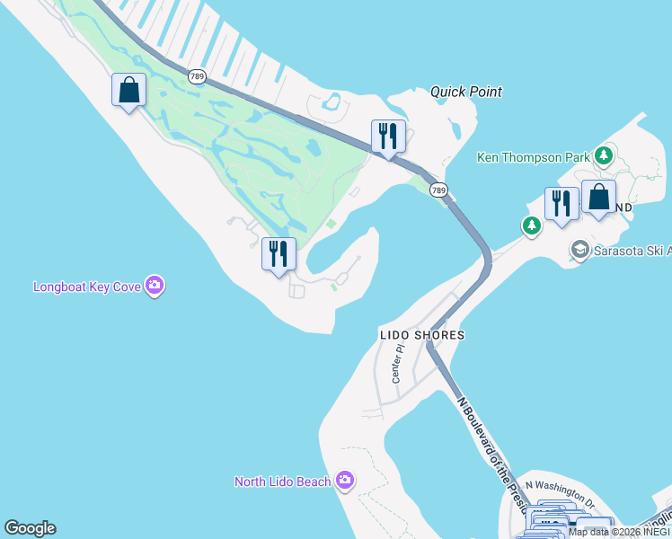 map of restaurants, bars, coffee shops, grocery stores, and more near 65 Lighthouse Point Drive in Longboat Key