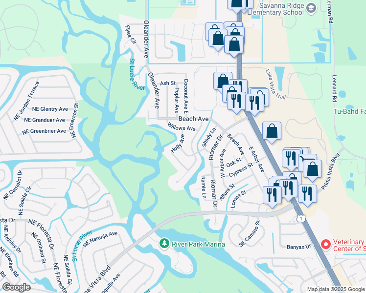 map of restaurants, bars, coffee shops, grocery stores, and more near 321 Holly Avenue in Port St. Lucie