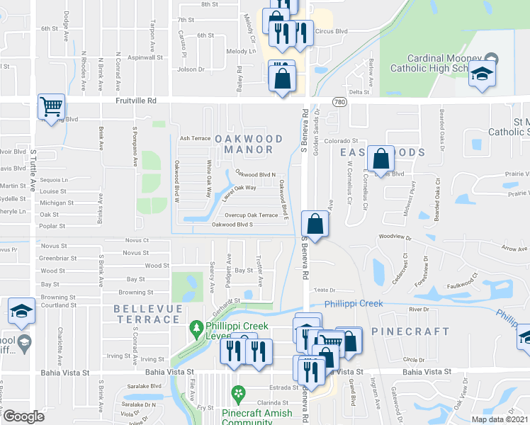 map of restaurants, bars, coffee shops, grocery stores, and more near 3407 Overcup Oak Terrace in Sarasota