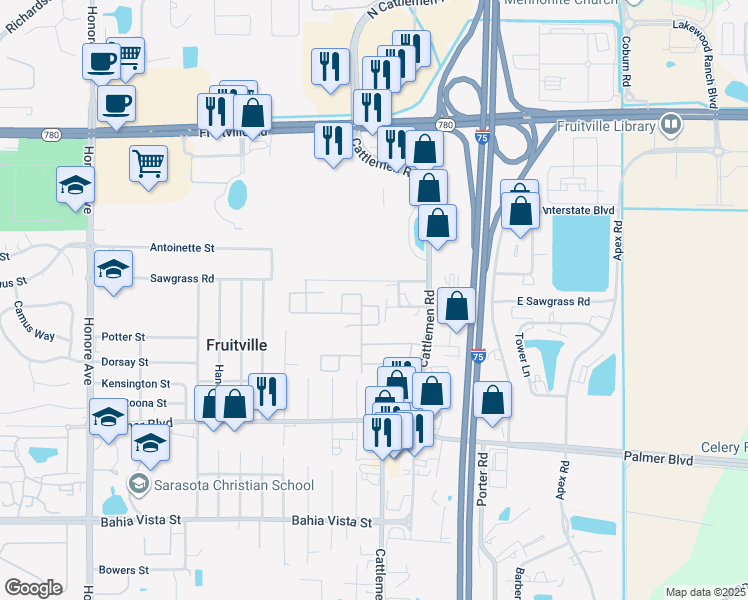 map of restaurants, bars, coffee shops, grocery stores, and more near 5855 Elegant Orchid Way in Sarasota