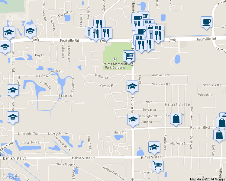 map of restaurants, bars, coffee shops, grocery stores, and more near 5098 Indian Mound Street in Sarasota