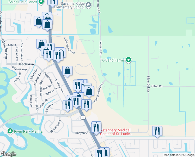 map of restaurants, bars, coffee shops, grocery stores, and more near 7779 Pine Lakes Boulevard in Port St. Lucie