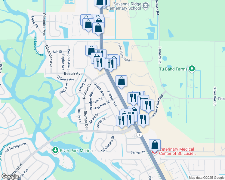 map of restaurants, bars, coffee shops, grocery stores, and more near 214 East Arbor Avenue in Port St. Lucie