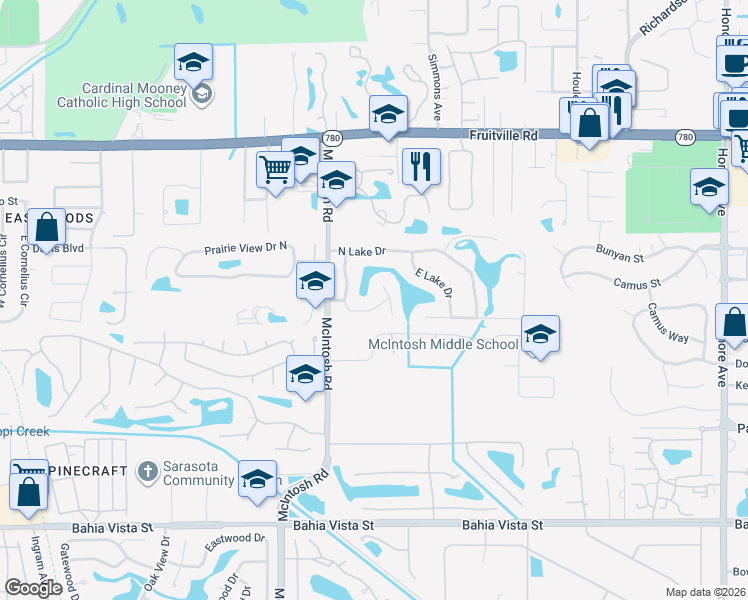 map of restaurants, bars, coffee shops, grocery stores, and more near 647 West Lake Drive in Sarasota