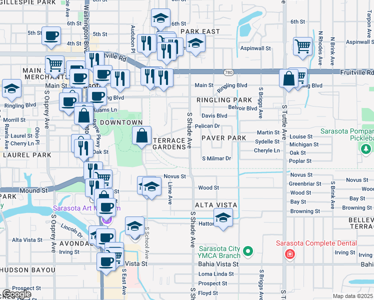 map of restaurants, bars, coffee shops, grocery stores, and more near 490 South Lime Avenue in Sarasota
