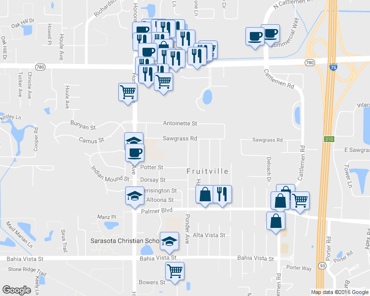 map of restaurants, bars, coffee shops, grocery stores, and more near 520 Ponder Avenue in Sarasota