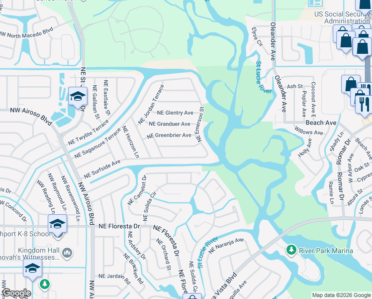 map of restaurants, bars, coffee shops, grocery stores, and more near 366 Northeast Gulfstream Avenue in Port St. Lucie