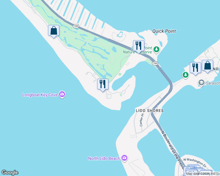 map of restaurants, bars, coffee shops, grocery stores, and more near 225 Sands Point Road in Longboat Key