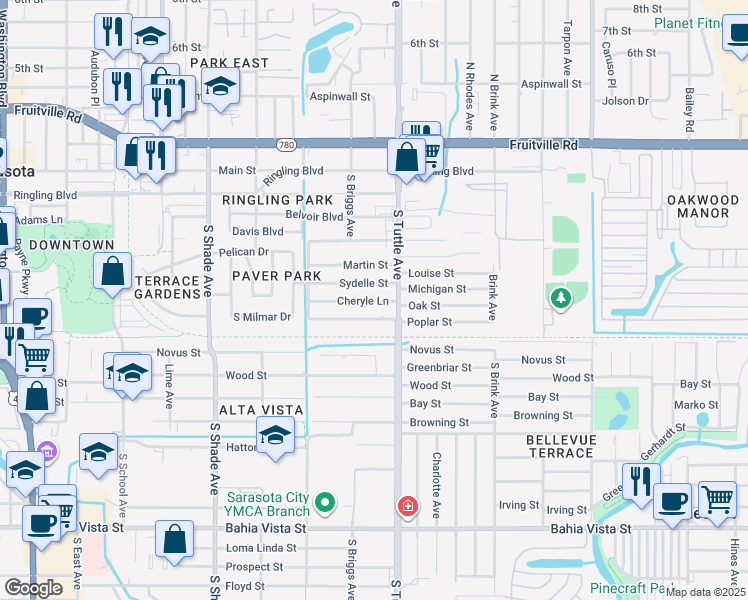 map of restaurants, bars, coffee shops, grocery stores, and more near 2751 Cheryle Lane in Sarasota